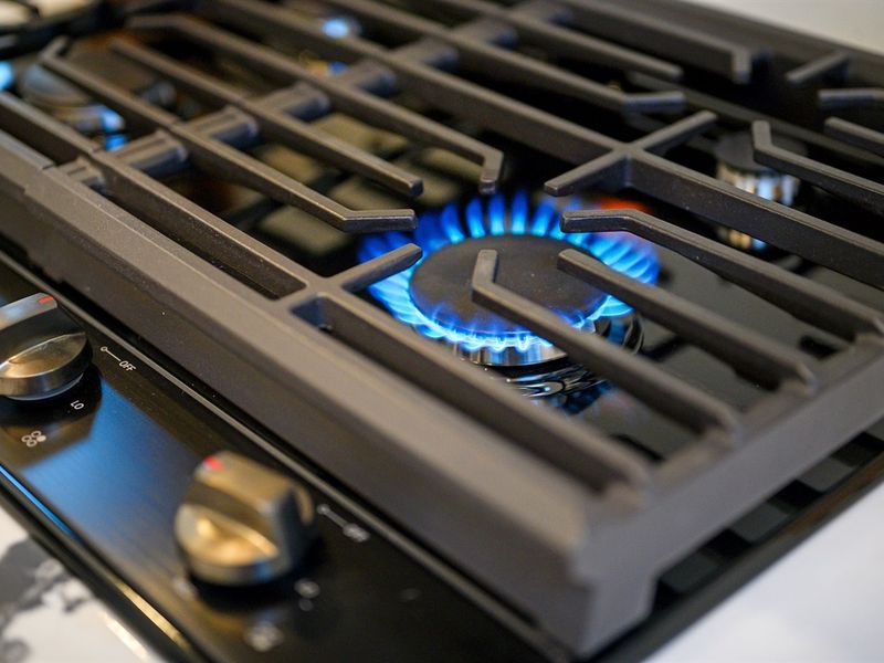 The professional-style gas range is perfect for home chefs, offering high performance in a beautifully designed space.