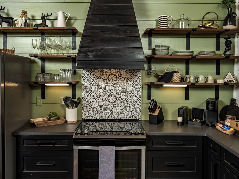 Stylish open-shelf kitchen with designer tile and everything you need for a perfect stay