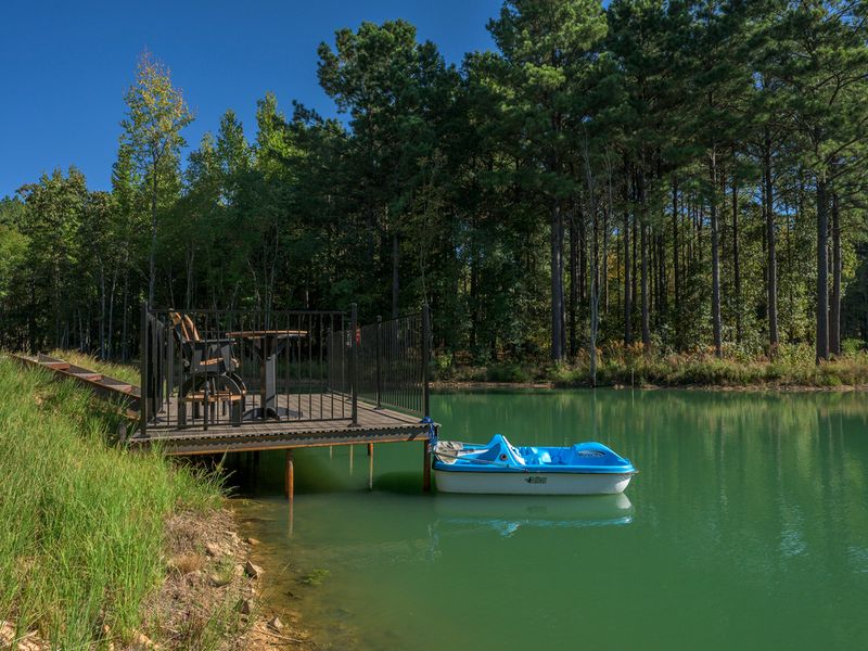 Private dock overlooking a tranquil fishing pond, featuring a blue pedal boat and surrounded