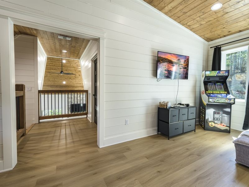 A modern mountain cabin aesthetic meets kid-friendly design.