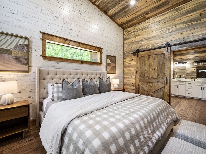 Gorgeous modern take on the rustic design is throughout the cabin.