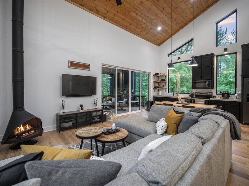 Relax in cozy, comfortable seating gathered around a charming free-standing, stove-style fireplace.