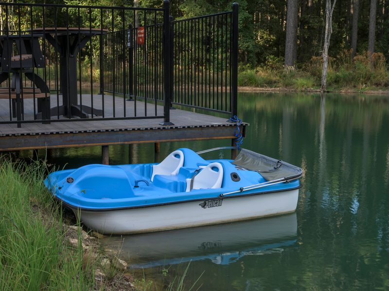 Blue pedal boat docked at a private fishing pond next to a wooden deck, surrounded