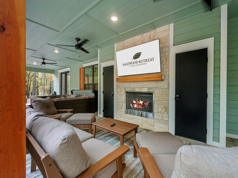 Settle into plush seating, flip on the fireplace, and enjoy the peaceful forest breeze.