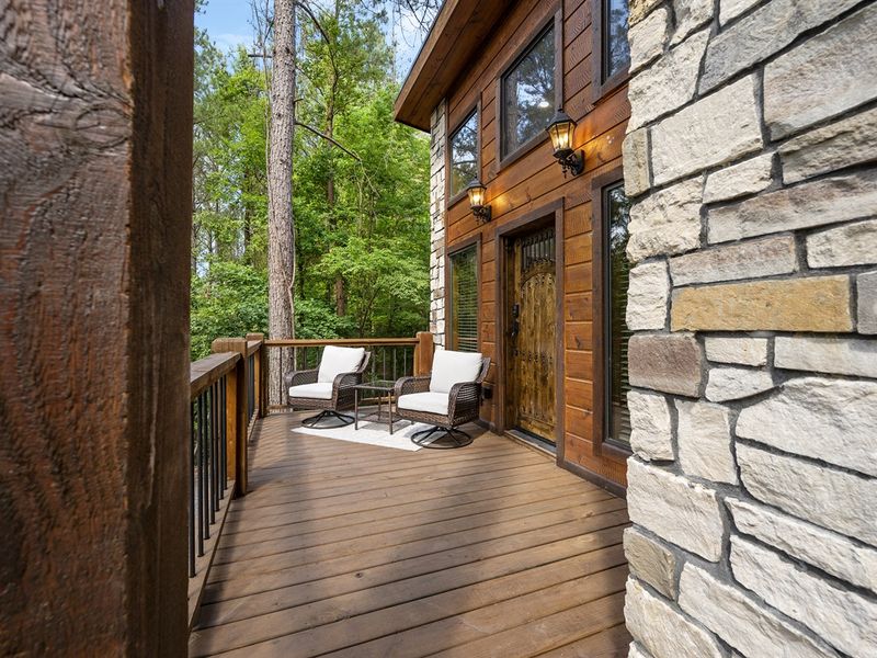 "Sip on morning java while nestled amid the pines on the quaint front patio."