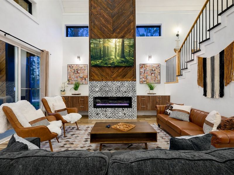 Curl up by the tiled fireplace and unwind after a day of outdoor  adventures
