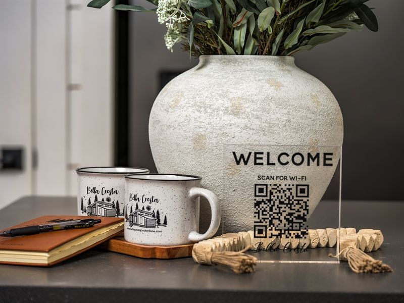 A warm welcome awaits—easy Wi-Fi access, thoughtful touches, and the start of a relaxing Broken Bow cabin stay.