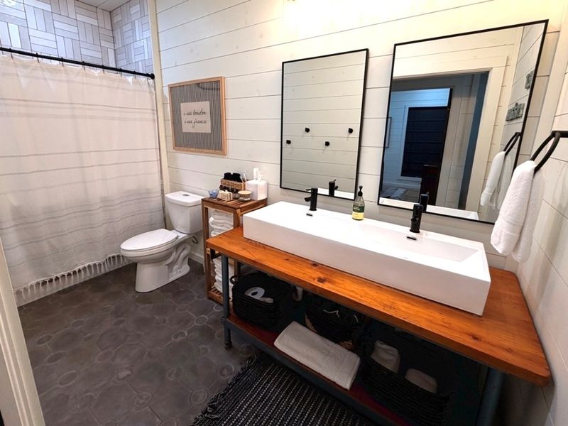 Spacious bathroom with double vanity—perfect for getting ready together