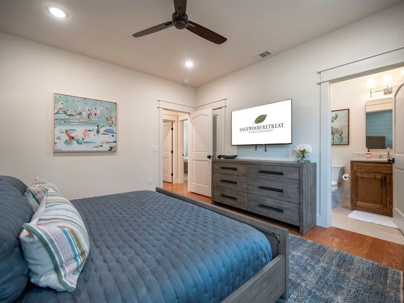 A serene bedroom designed for true relaxation, complete with calming colors and forest views. 🤍😌