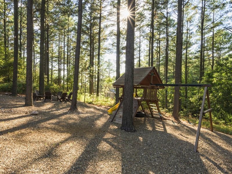 Sunlight filters through tall pine trees illuminating a wooden playset and outdoor seating area, suggesting