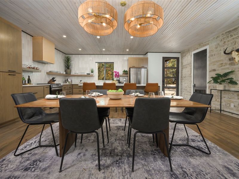 Beautifully designed dining space overlooking the living room—ideal for group stays at our Broken Bow vacation rental