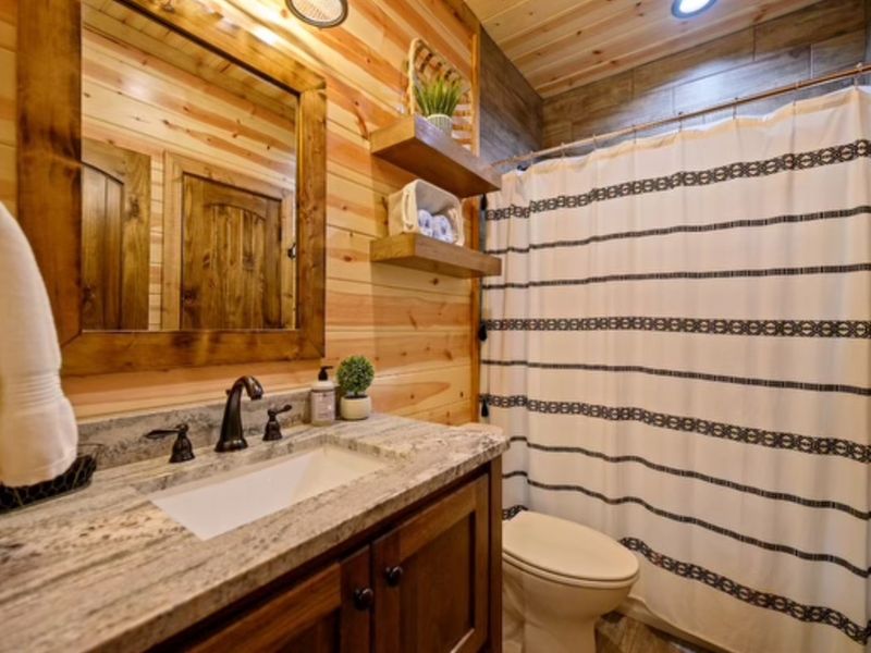 Cozy bathroom featuring a wooden interior, granite sink, and decorative shower curtain, ideal