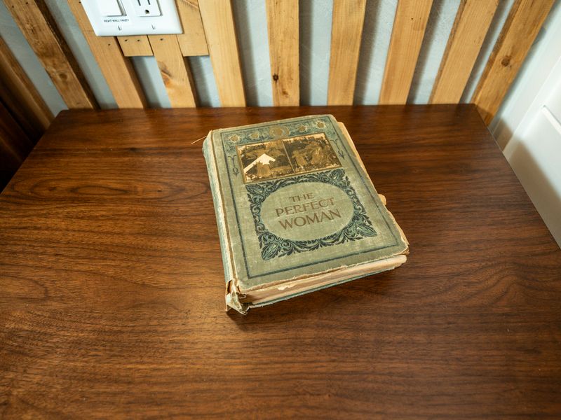 A vintage copy of The Perfect Woman adds a charming touch of history and character to the richly finished bedside table.