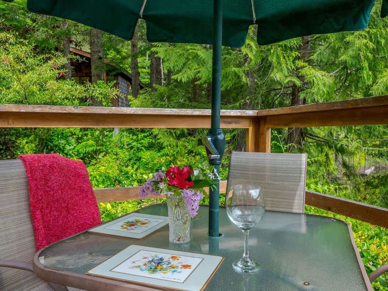 Outdoor dining space on your own private deck overlooking the lake. 
