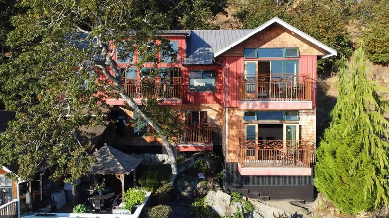 Flyover view of the tree house suites property.
