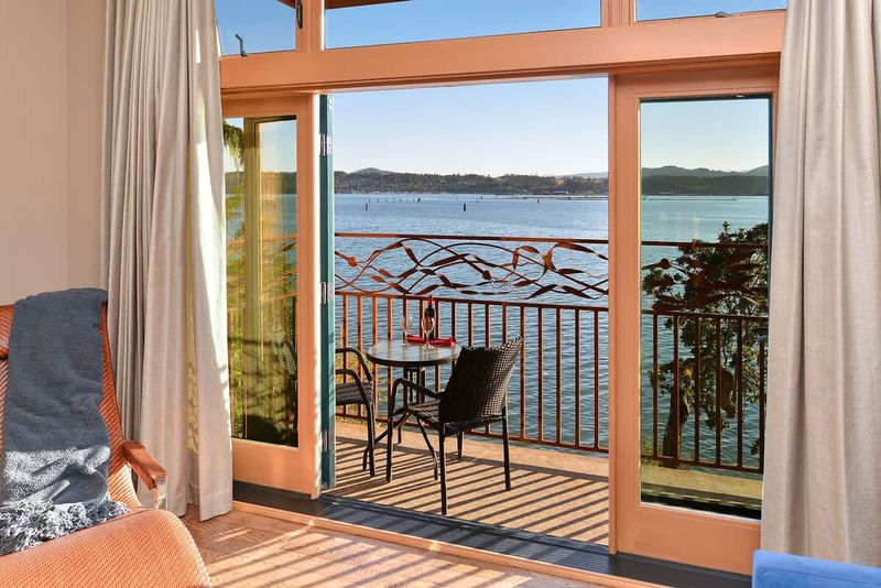 Well appointed living room with amazing bay views.