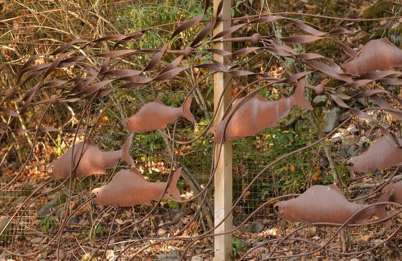 Gate artwork pays tribute to Salmon the run the rivers to complete their cycle of life.