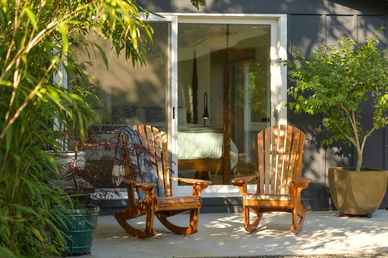 Outside the second private bedroom cottage with king bed and breakfast bar plus coffee and tea bar.