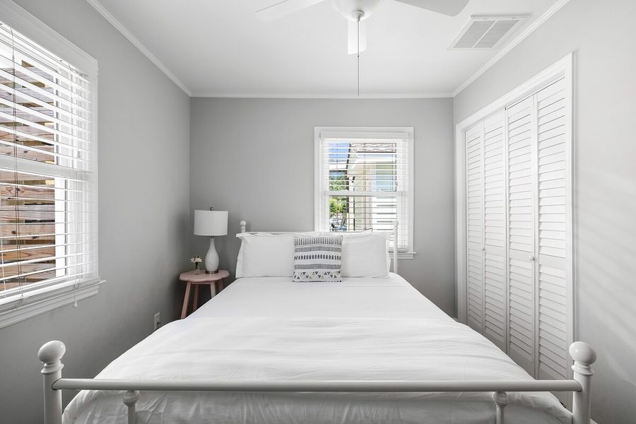 Bedroom 3: Queen Bed + Ceiling Fan & TV