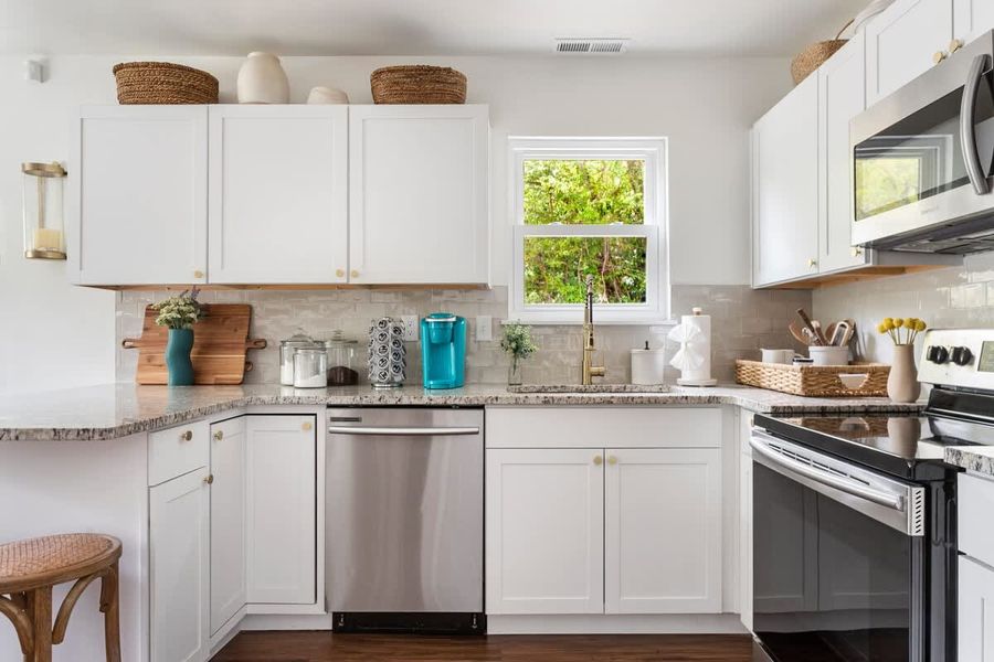Fully stocked kitchen with island seating 