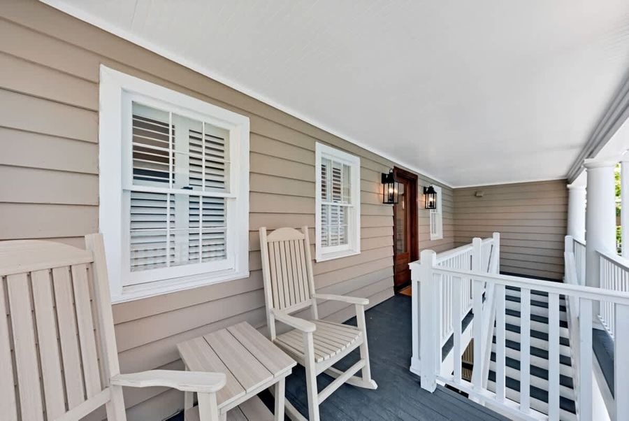 Sip your coffee and enjoy the sunshine on the patio with rocking chairs.