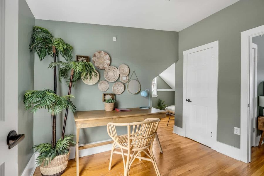 Stay connected with a dedicated desk area ideal for work or study.