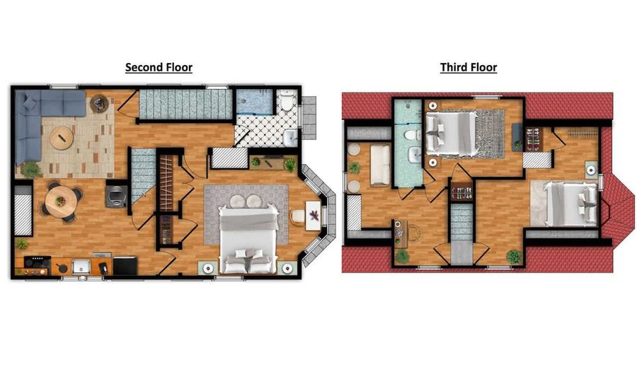 A spacious second and third-floor floor plan designed for effortless living and gathering.