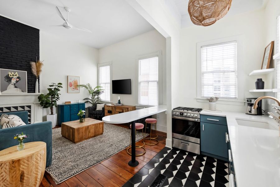 Fully stocked kitchen with seating for 2 at the island