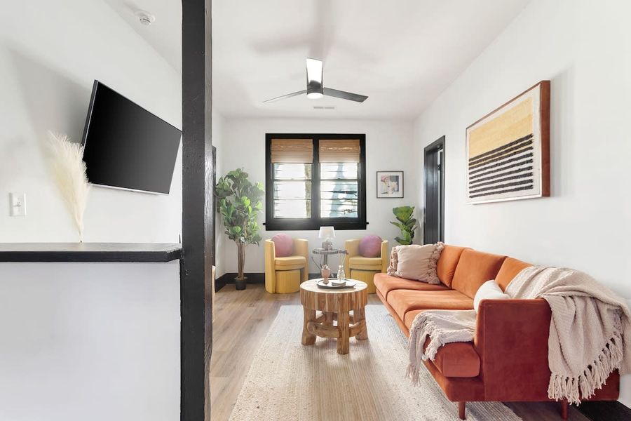 View into living area from kitchen.