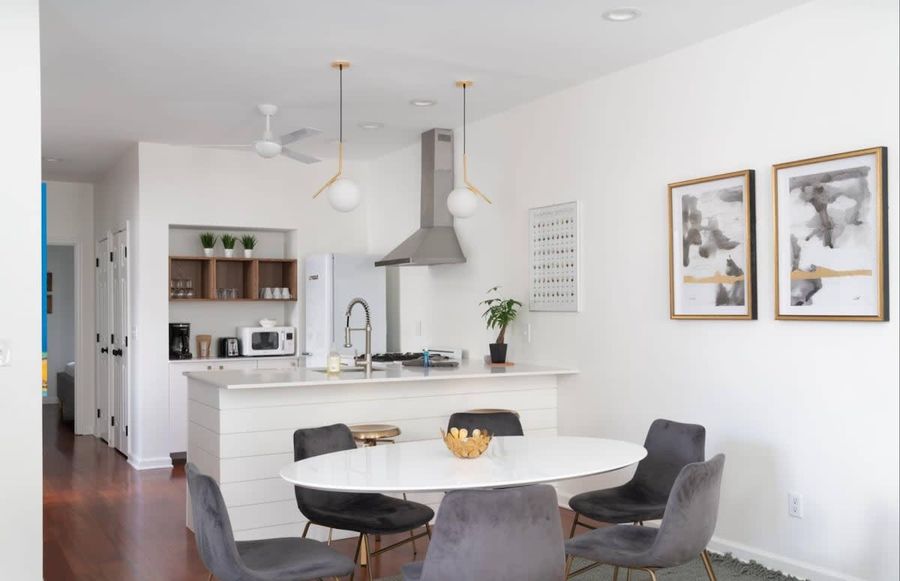 Each unit has dining for 6 + 2 barstools! Fully equipped with basic cookware and service for 6 in each as well!