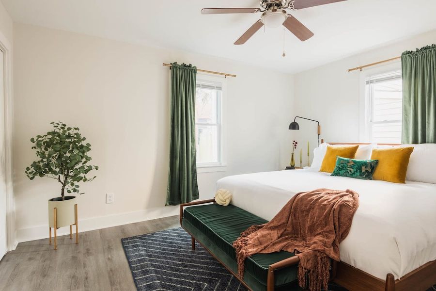 Bedroom 1: King Bed + TV + Ceiling Fan