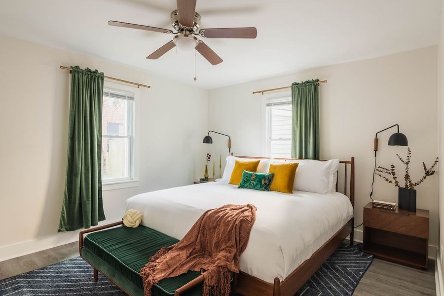 Bedroom 1: King Bed + TV + Ceiling Fan