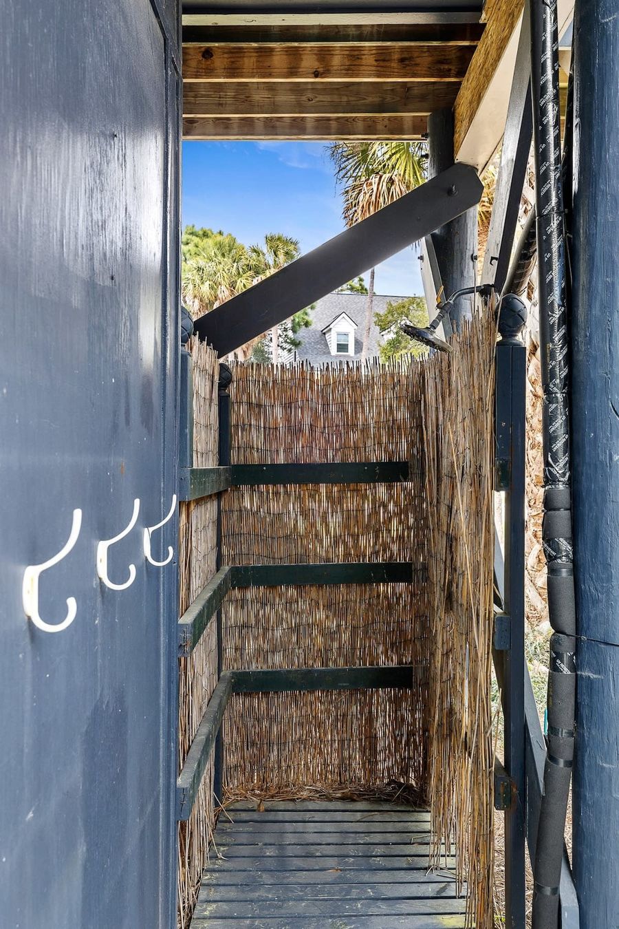 Outdoor shower to use after a. day at the beach