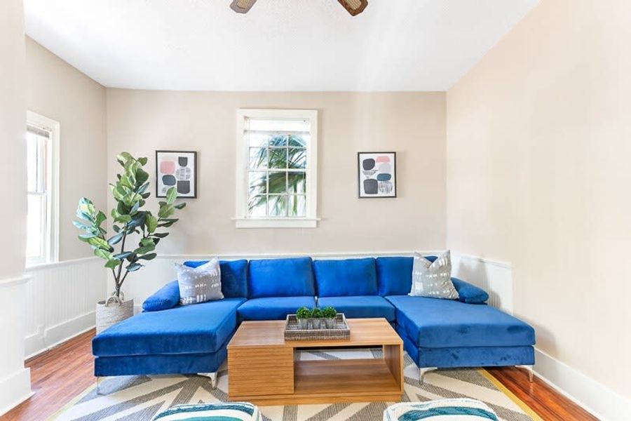 Spacious and light filled living room. Smart TV and Wifi provided! This is one of two living rooms in the house.