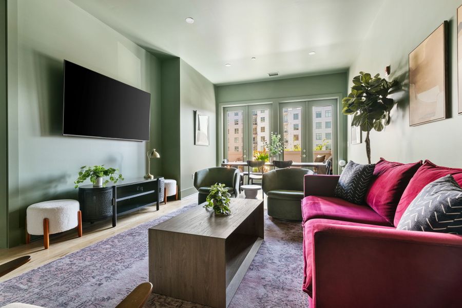 The living room has a pullout couch for additional sleeping space