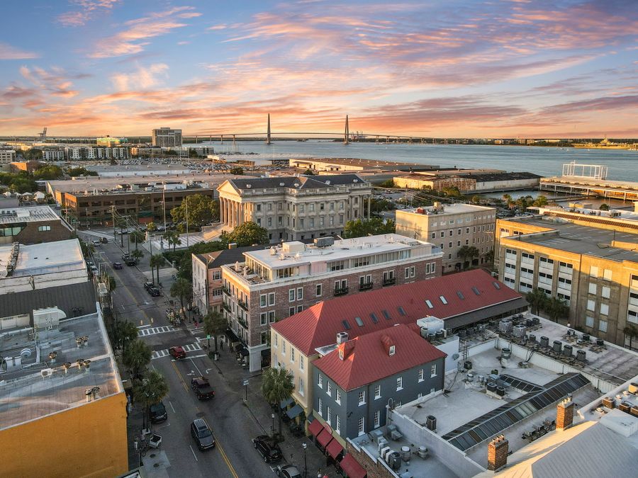 Aerial view of the rental on East Bay Street with the Arthur Ravenel Jr. Bridge