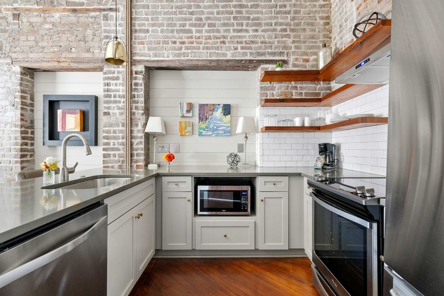 Fully equipped kitchen with everything you need to cook a meal with seating for two! 