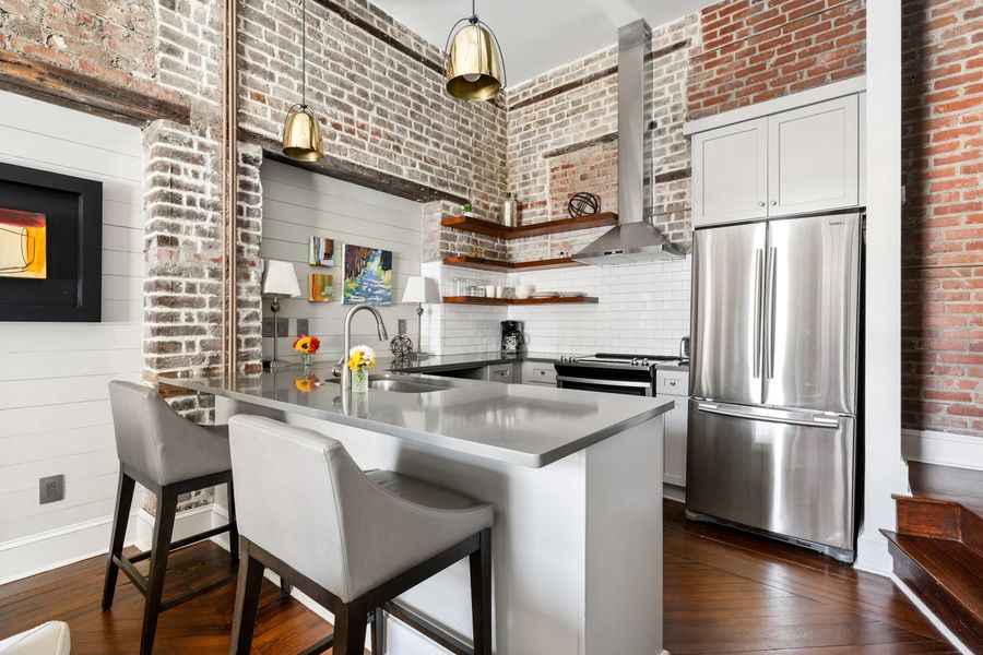 Fully equipped kitchen with everything you need to cook a meal with seating for two! 