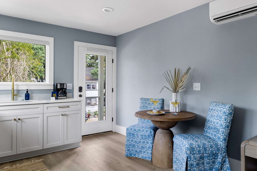 Fully equipped kitchen with everything you need to cook a meal and dining seating for two!