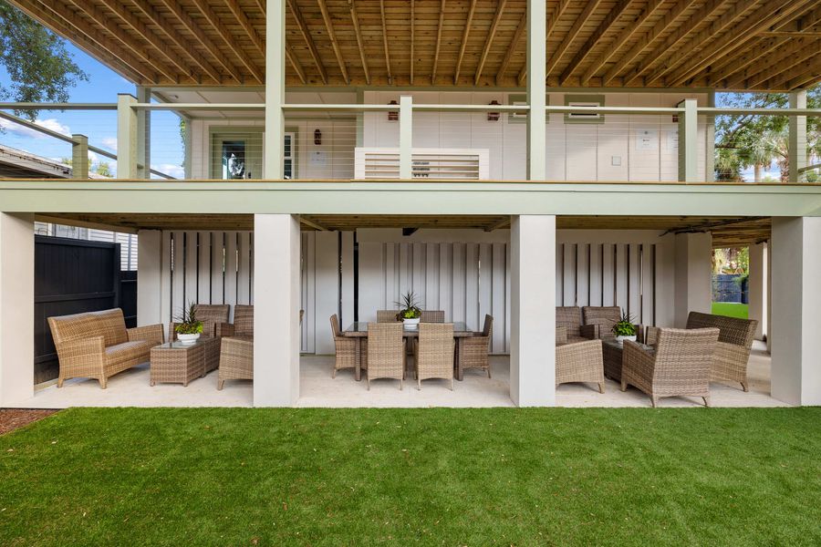 Exterior shared seating area at The Woods on Folly.