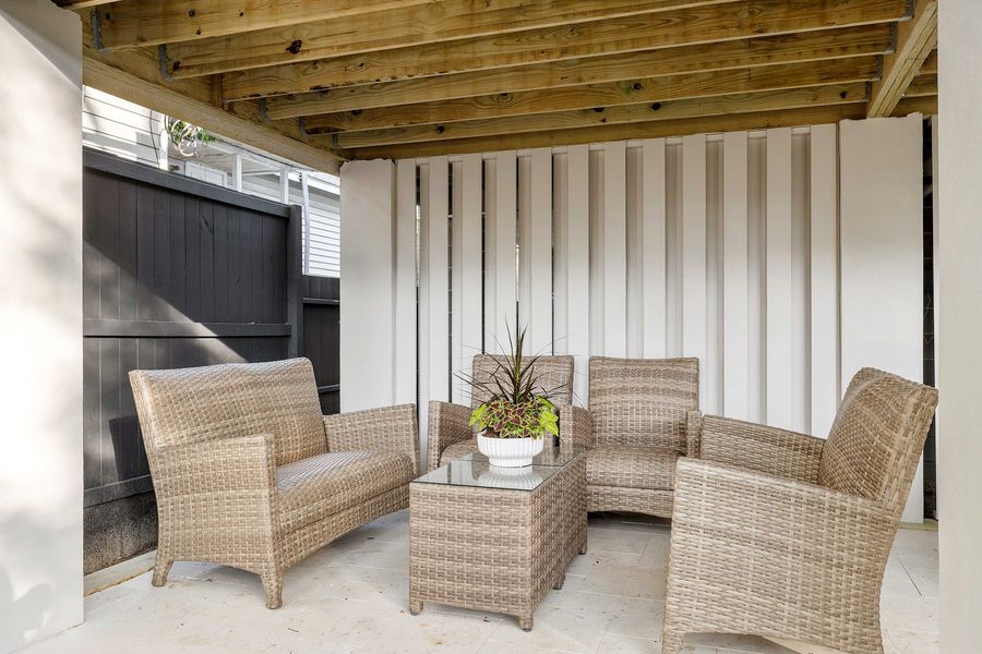 Exterior shared seating area at The Woods!