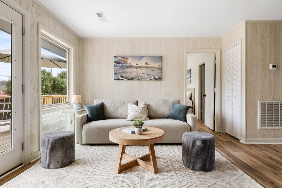 Spacious living room with a convertible sleeper sofa