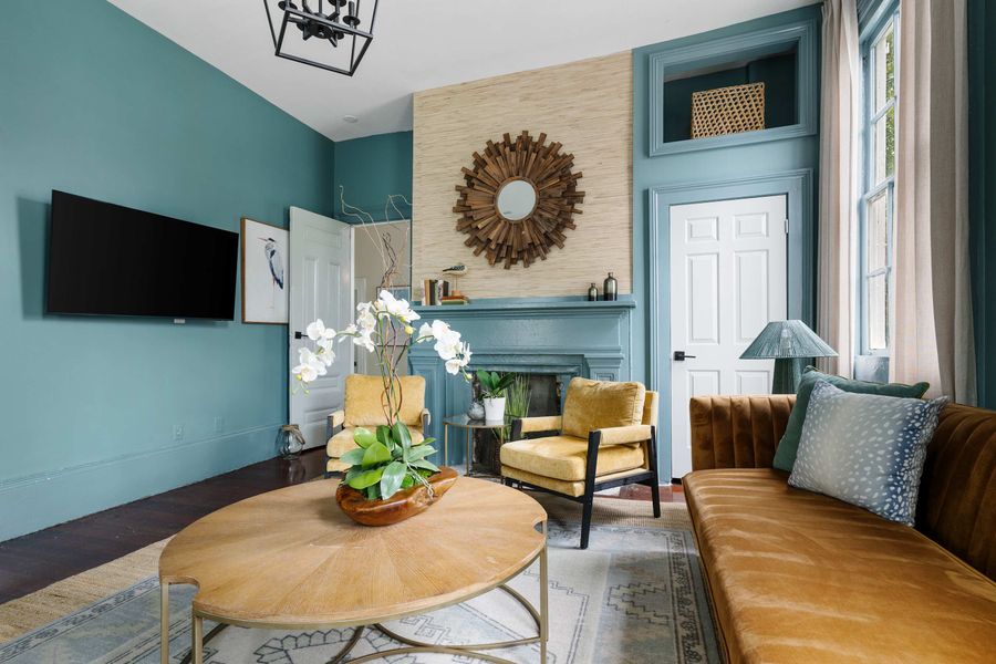 The lower living room allows for relaxation space for your group