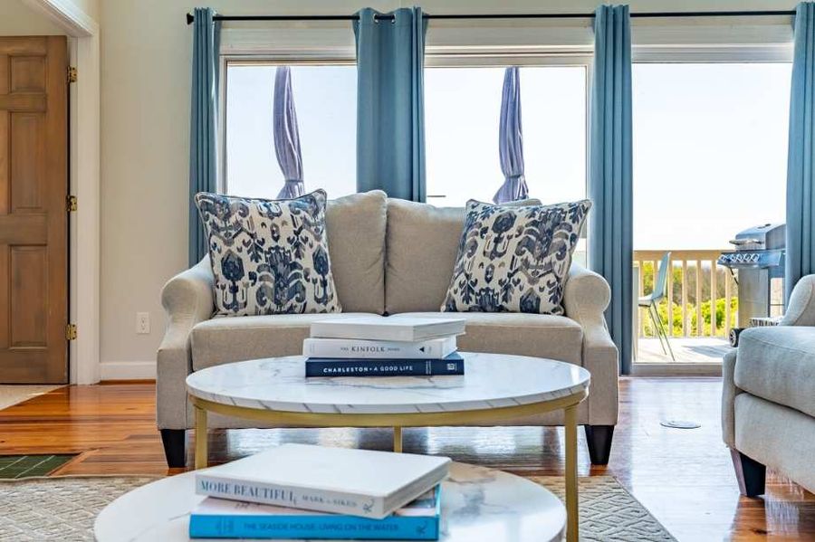 Comfortable, spacious living room with an ocean view!