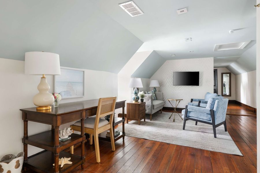 View of living room with working space