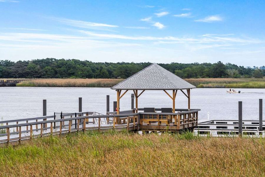 Shared seating area at the end of the dock