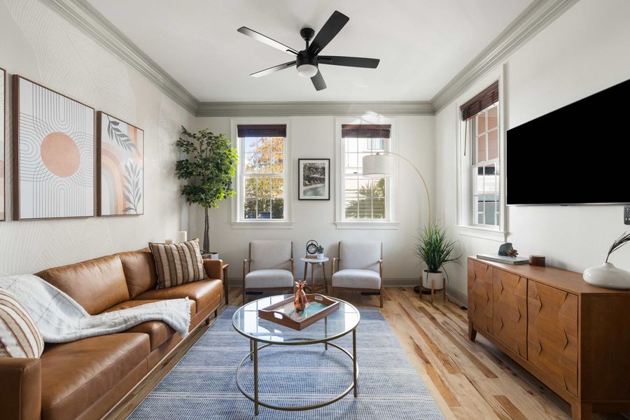 Spacious living room with seating for your group with LG 50 inch 4K Smart TV