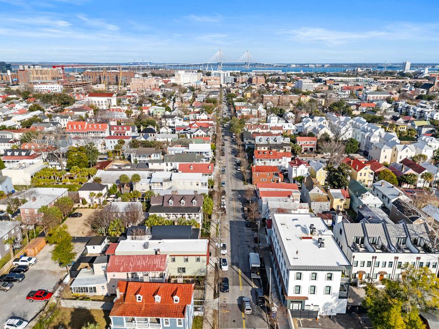 Aerial view of the rental on Cannon St close to King St! The Ravenel Bridge is back! 