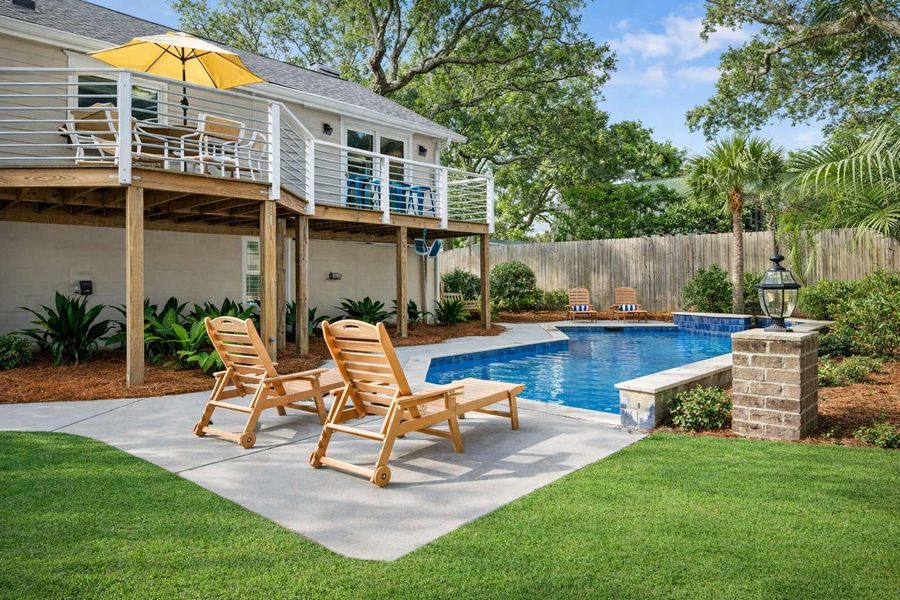 Private pool area in the backyard with seating for your group 