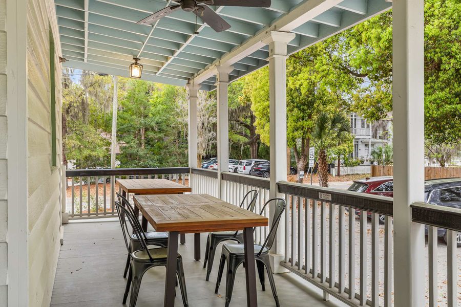 Balcony with seating and table